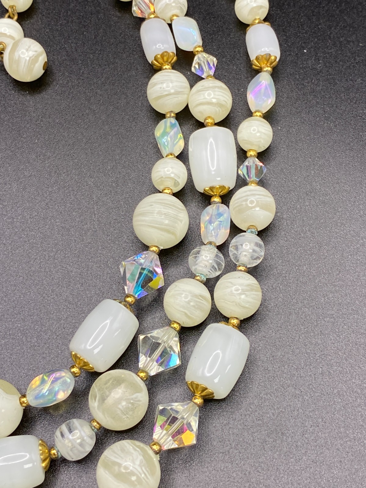 Vintage JAPAN 3-Strand Crystal & Opaline Art Glass Beaded Necklace!