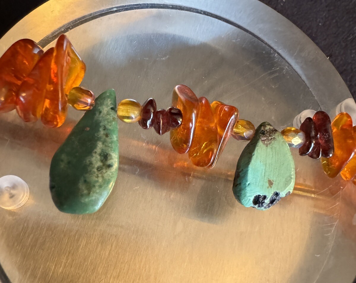 Vintage Handmade Amber Turquoise Sterling Silver 925 Multi Strand Necklace