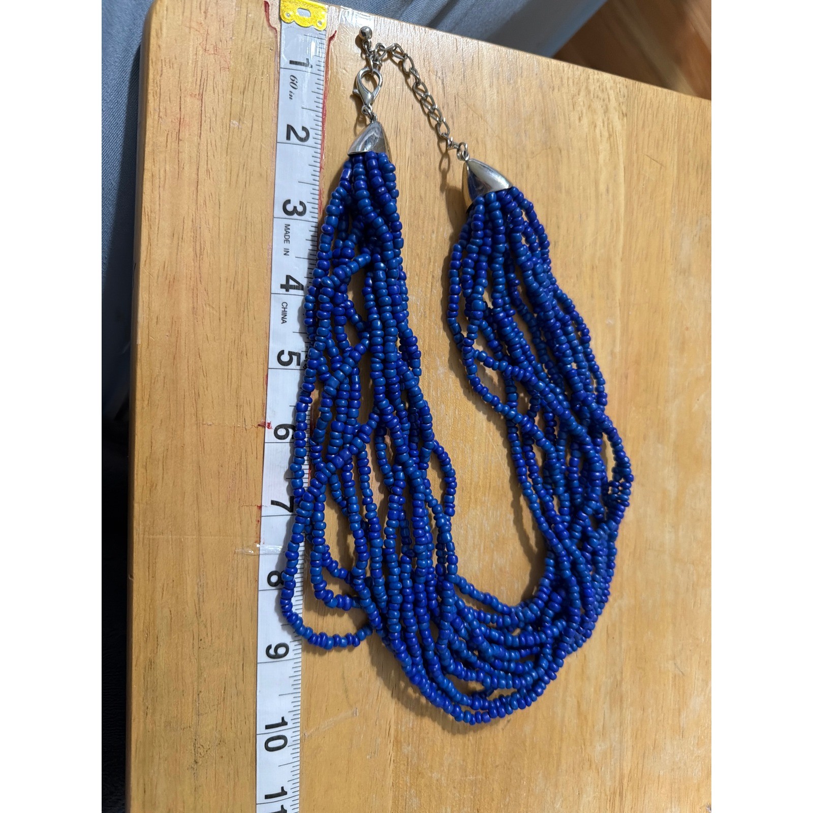 Cobalt Blue Multi Strand Seed Bead Statement Necklace Silver Tone Clasp