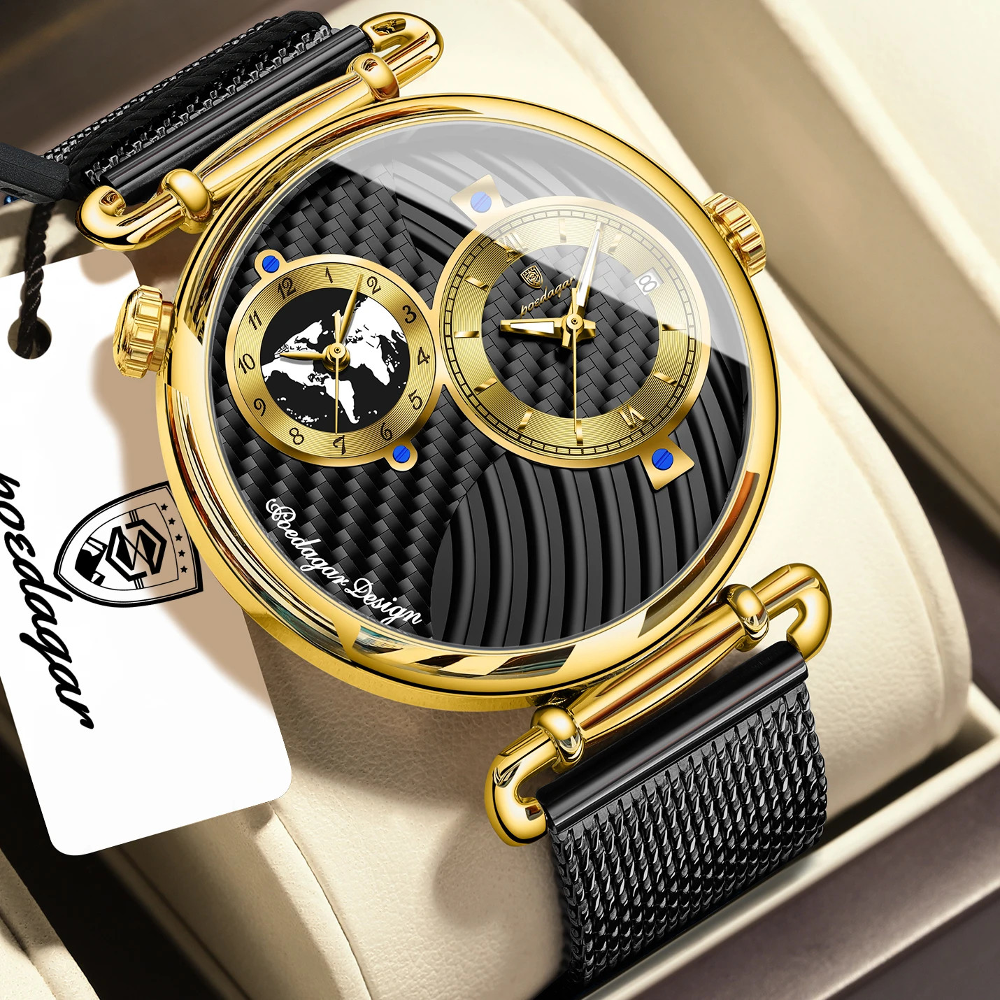 POEDAGAR Sport Man Wristwatch Multiple Time Zone Display Waterproof