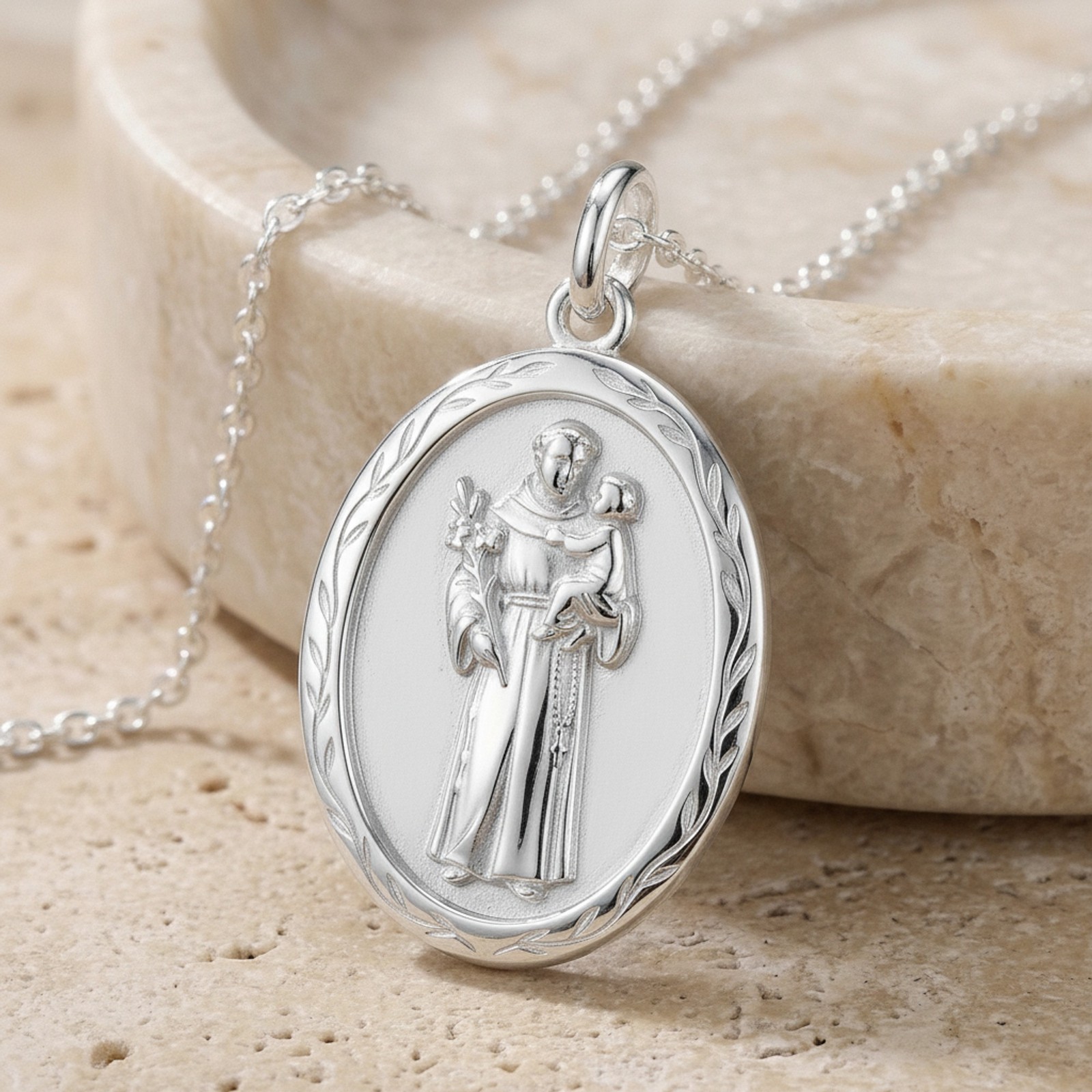 ArtemisSilver Saint Anthony Medal Necklace Oxidized 925 Silver Catholic Patron