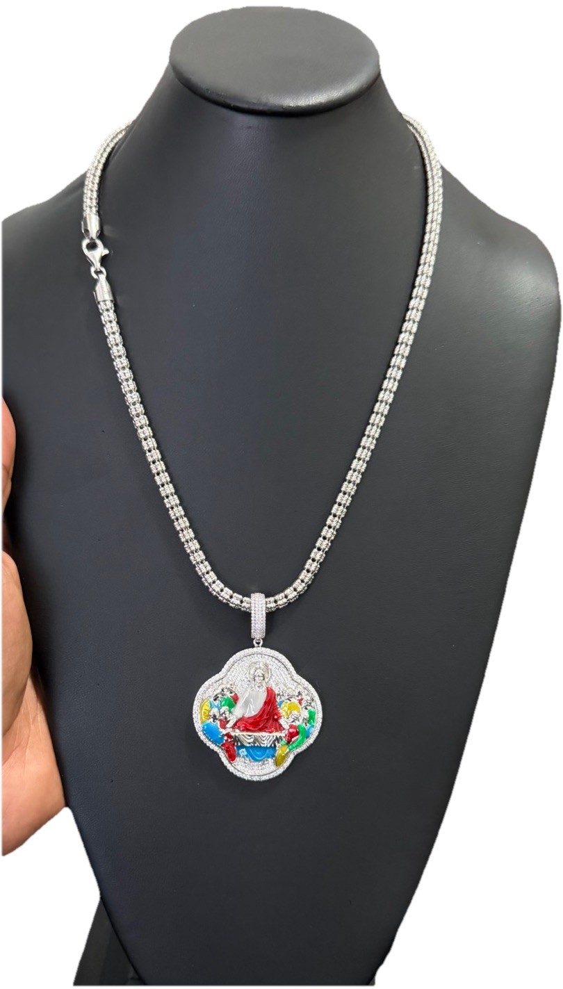 Sterling Silver 925 5mm Ice Chain & Last Supper Brass Pendant Necklace 16-24”