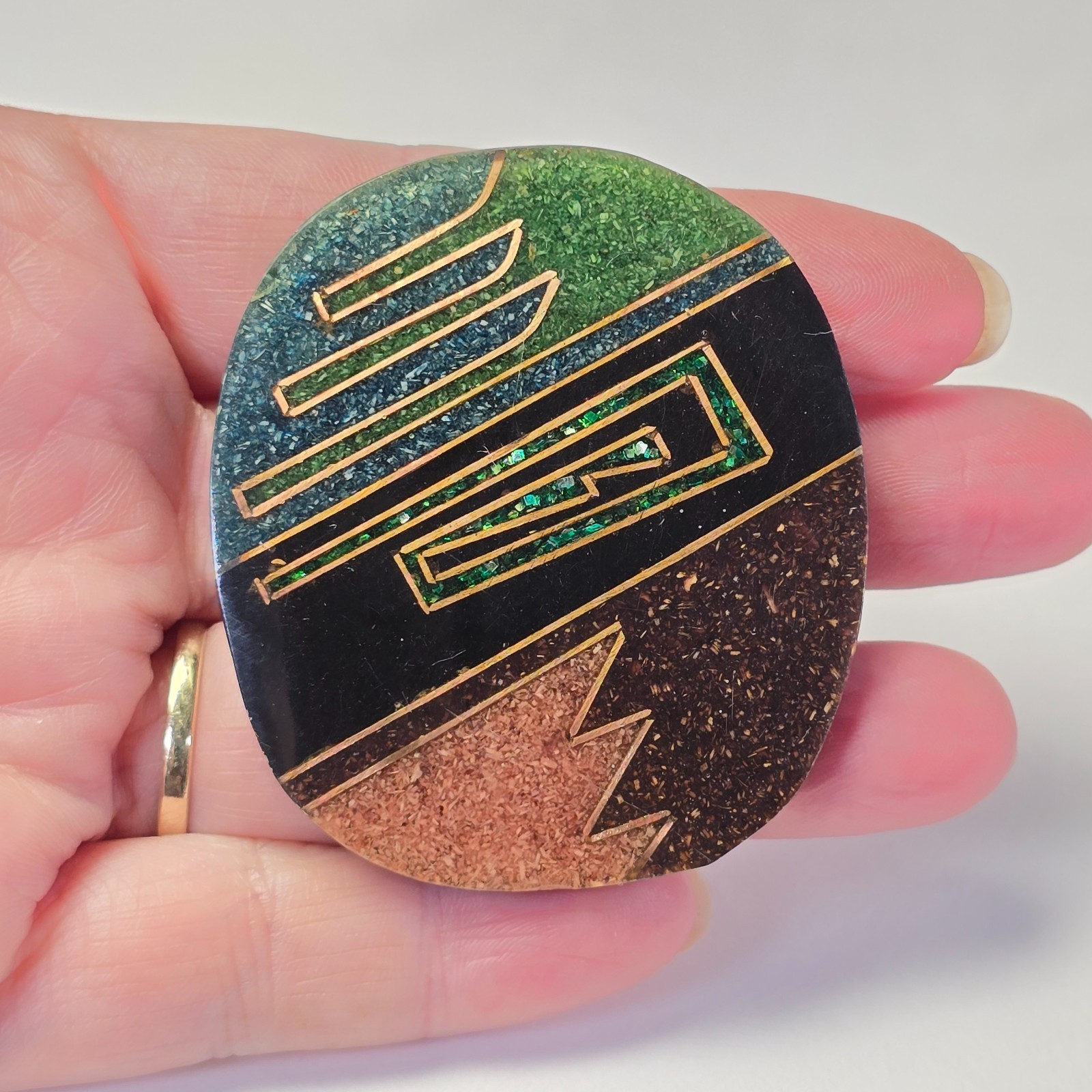 Vintage 80s Abstract Geometric Inlay Brooch Copper Line Resin Stone Southwest