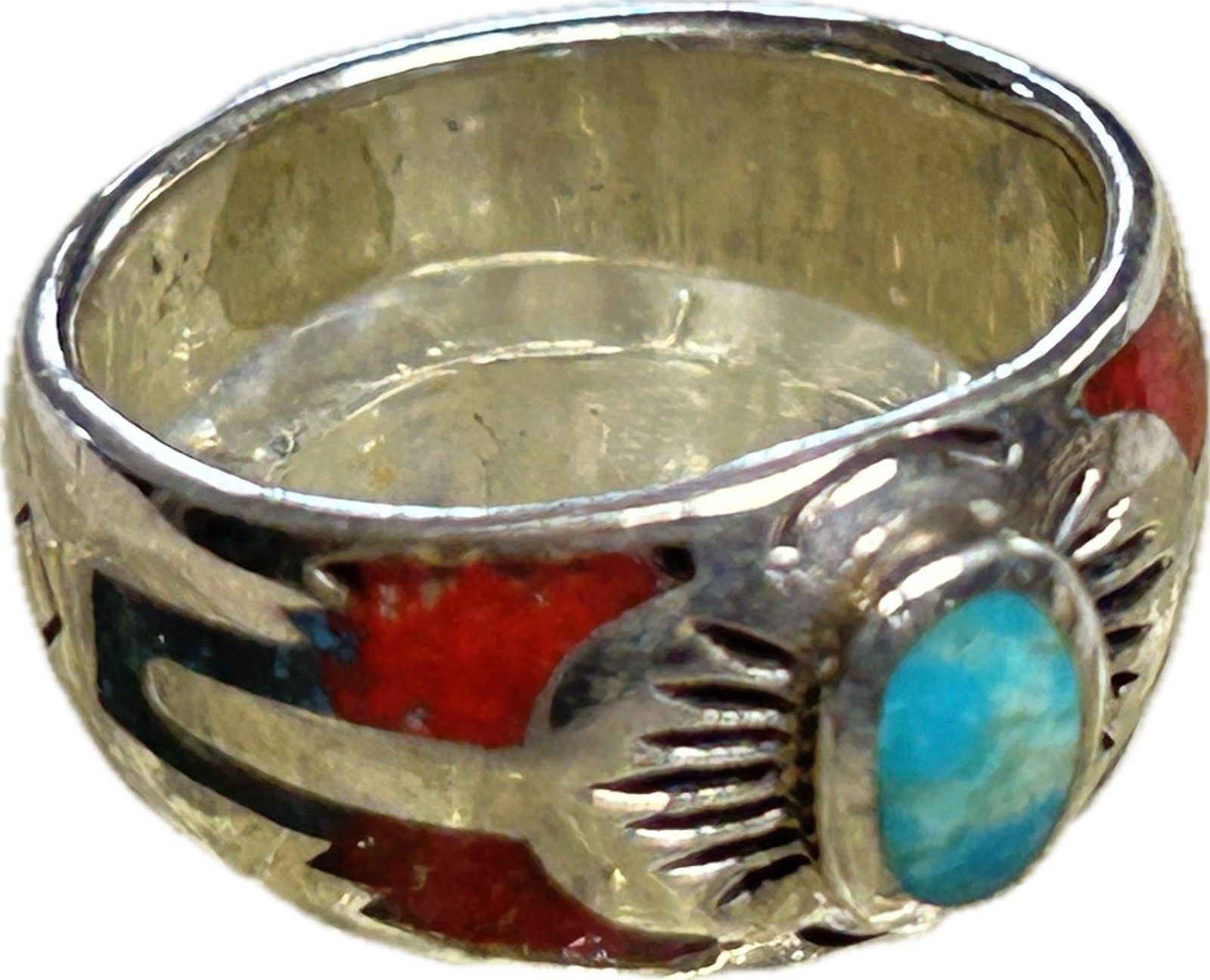 Southwest Silver Ring Native American Indian Style Turquoise with Red Coral