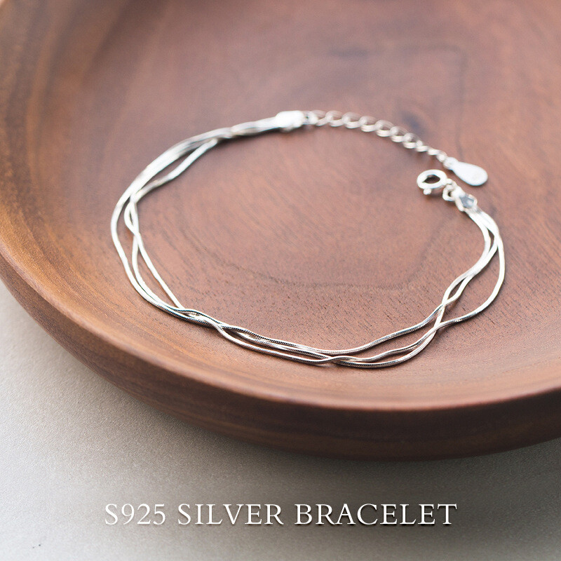 Woman REAL S925 Sterling Silver Multiple Layers Snake Chain Bracelet Bangle