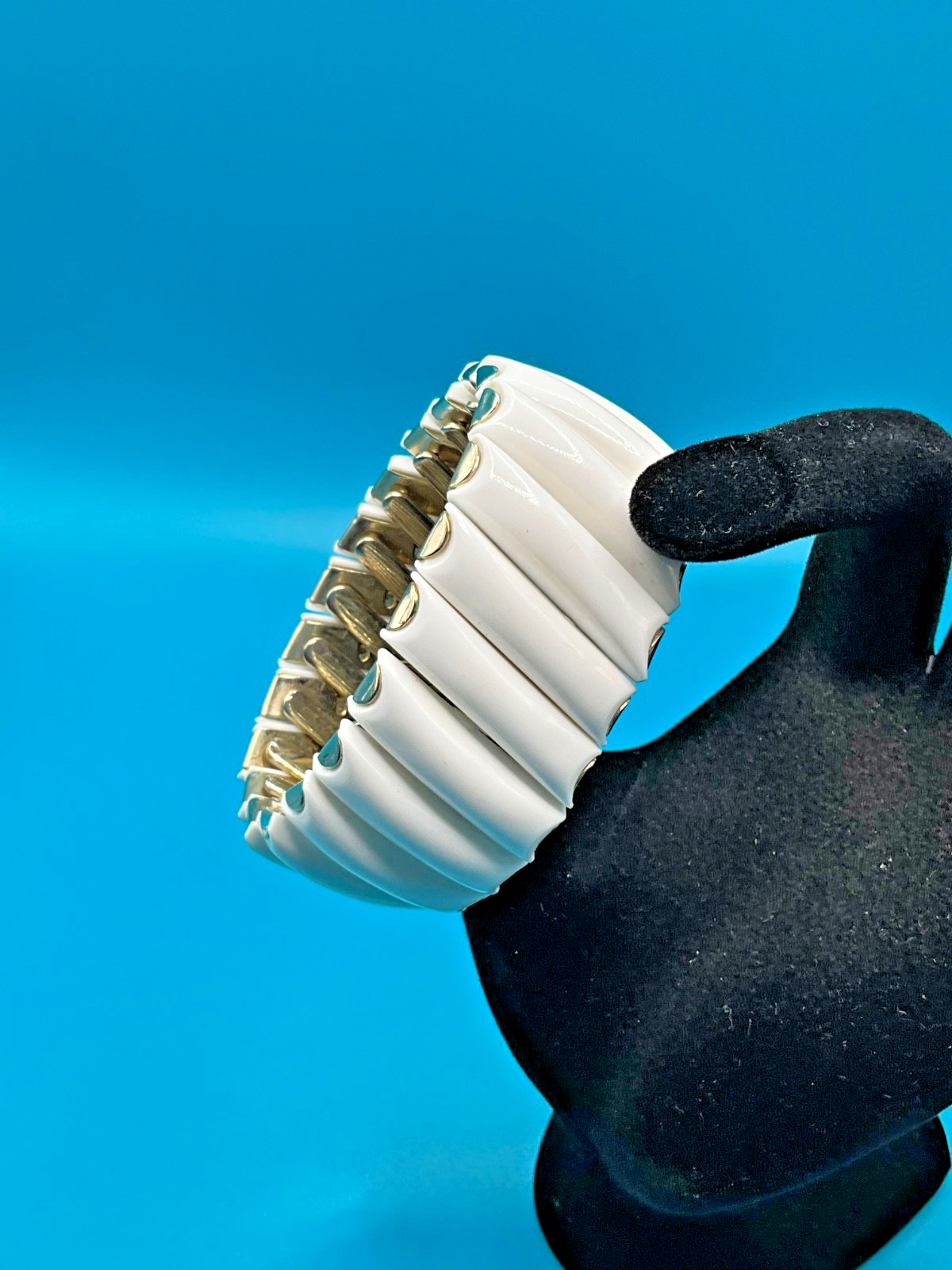 Vintage White Lucite Stretch Bracelet with Gold Tone Accents | Chunky Statement