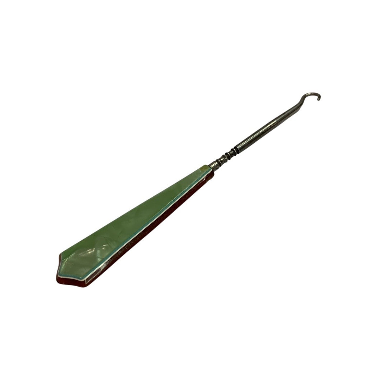 Vintage Enamel Button Hook Antique Boot Glove Fastener Green Handle