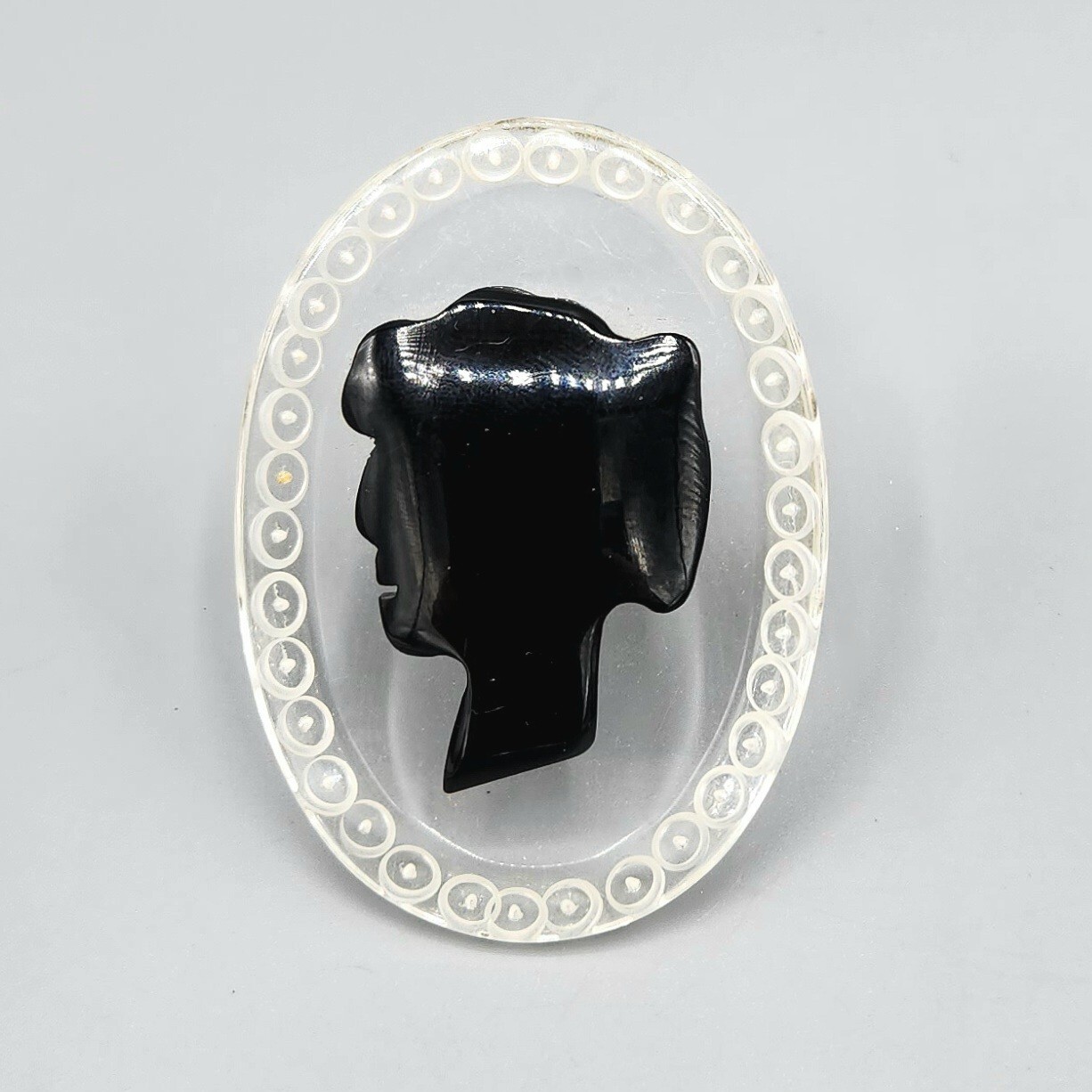 Vintage Unsigned Clear Black Lucite Cameo Oval Brooch Pin