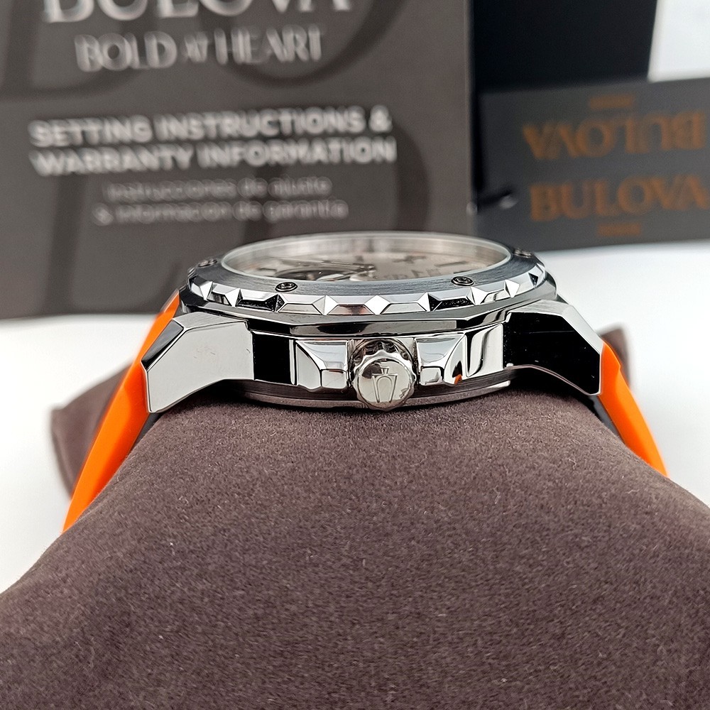 Bulova Marine Star 98A226 Silver Dial Orange Rubber Strap Automatic Men’s Watch