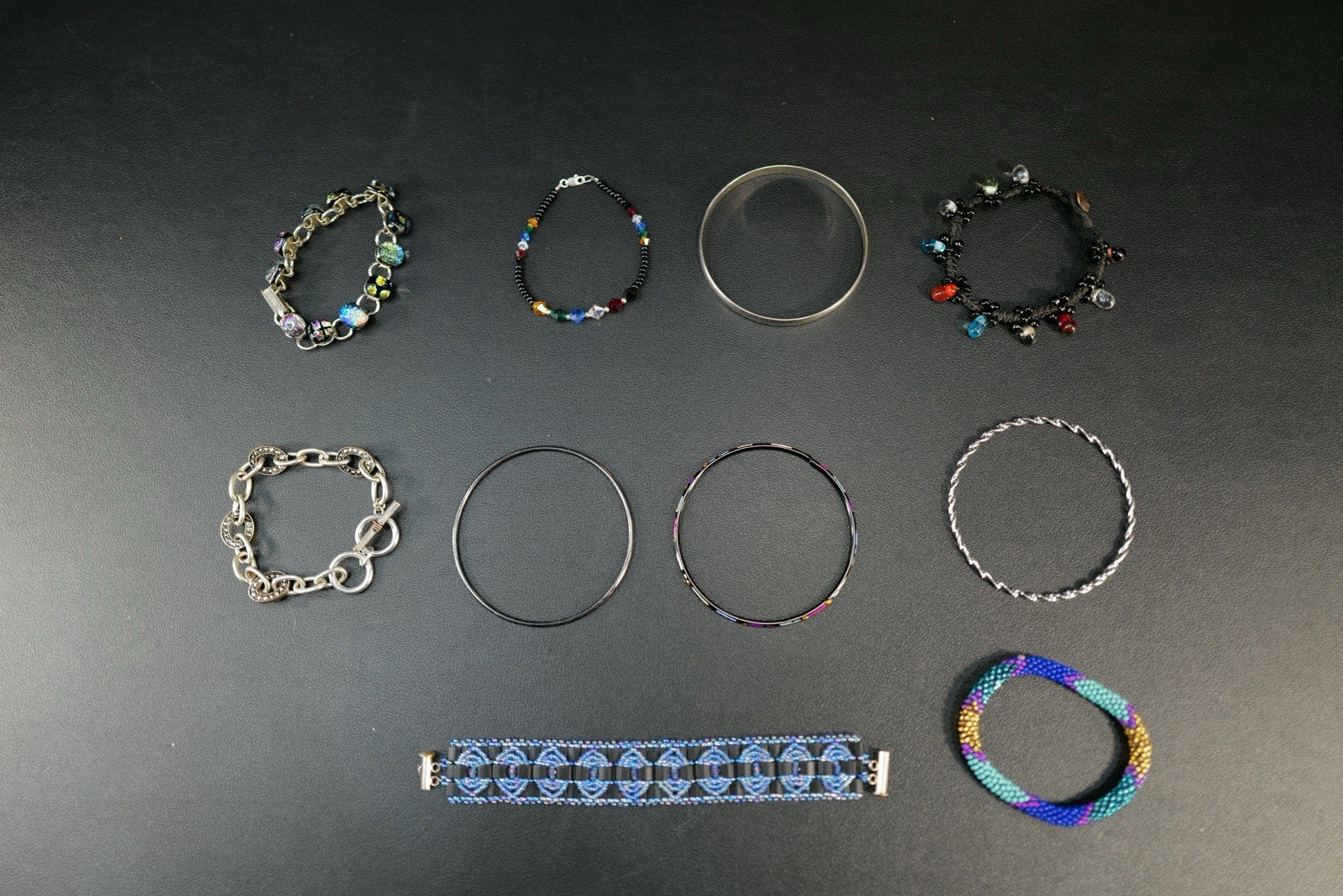 10 Pc Bracelet Silver Tone, Blue, Red, Pink & Black Mixed Styles Bangles I9