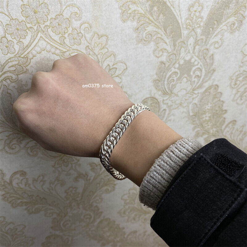 Real 999 Pure Silver Bracelet Women Men 7mm/8mm/10mm Cuban Curb Link Chain
