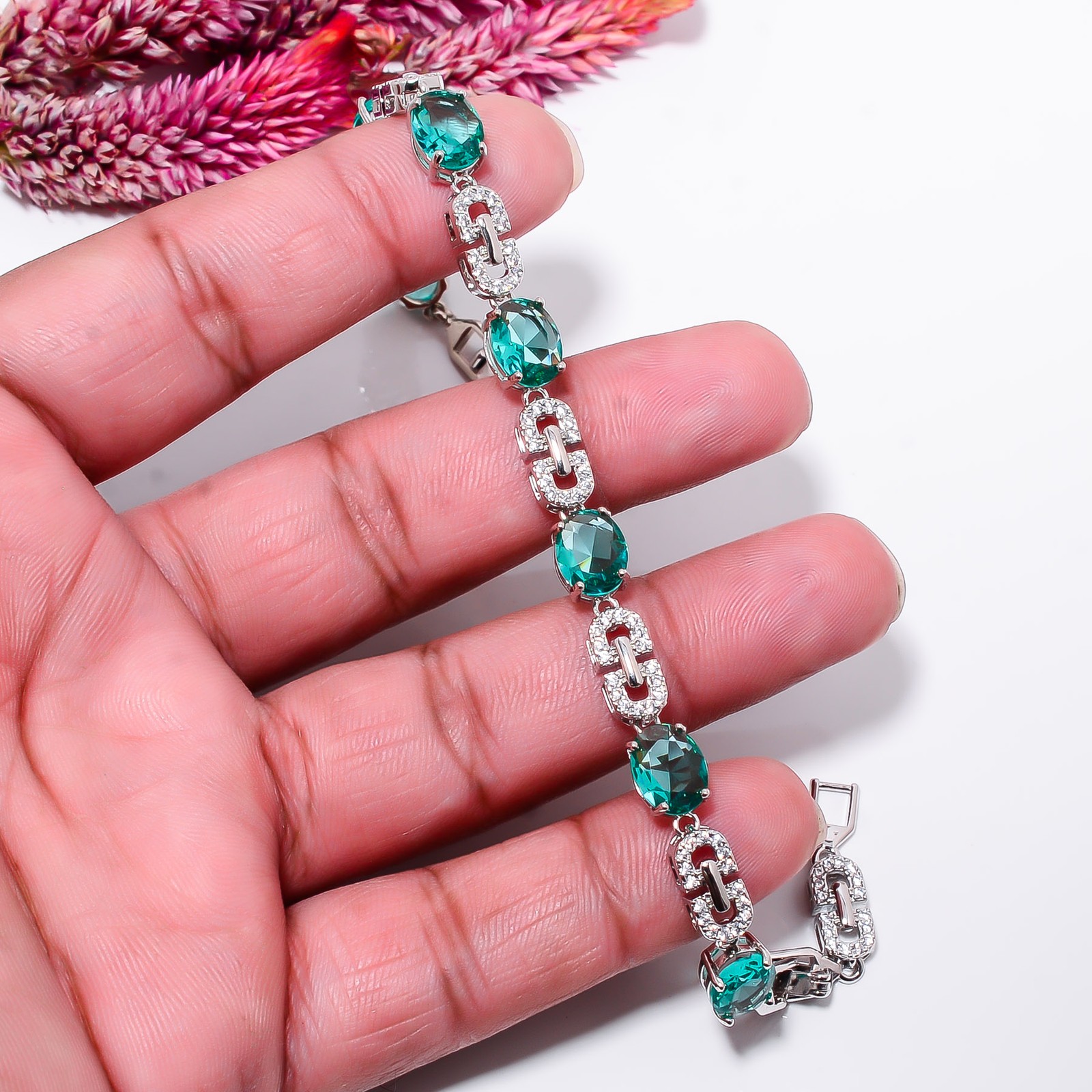 Apatite, CZ 925 Sterling Silver Adjustable Bracelet 7-8″ B140212, Gift for her