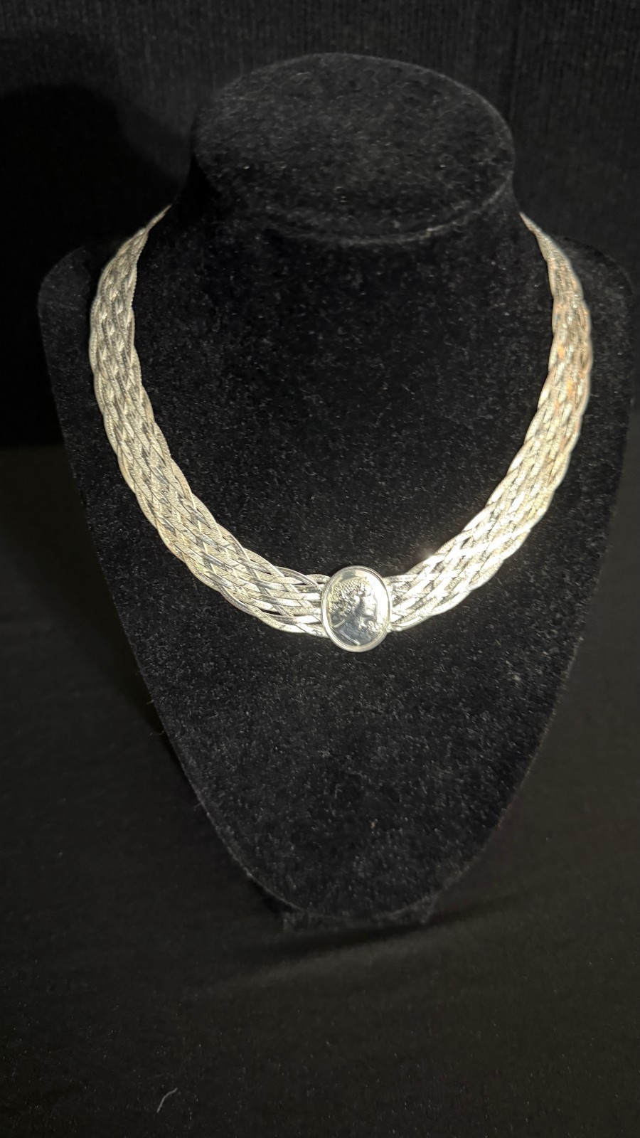 Vintage Italian Milor Sterling Silver Woven Herringbone Cameo Medallion Necklace