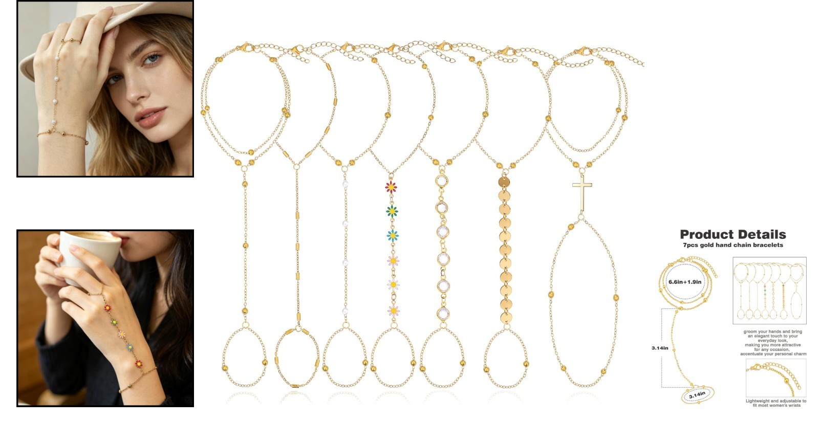 Versatile Set of 7 Adjustable 14K Gold Plated Hand Chain Bracelets for Women