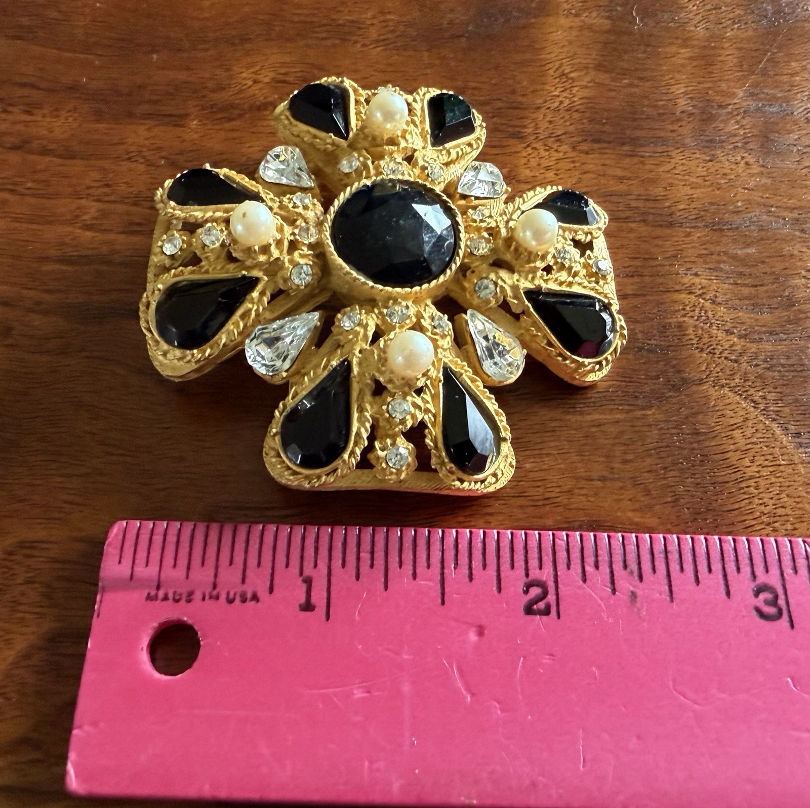 Vintage Ann Taylor Maltese Cross Rhinestone Pearl Brooch Pin Matte Gold Tone