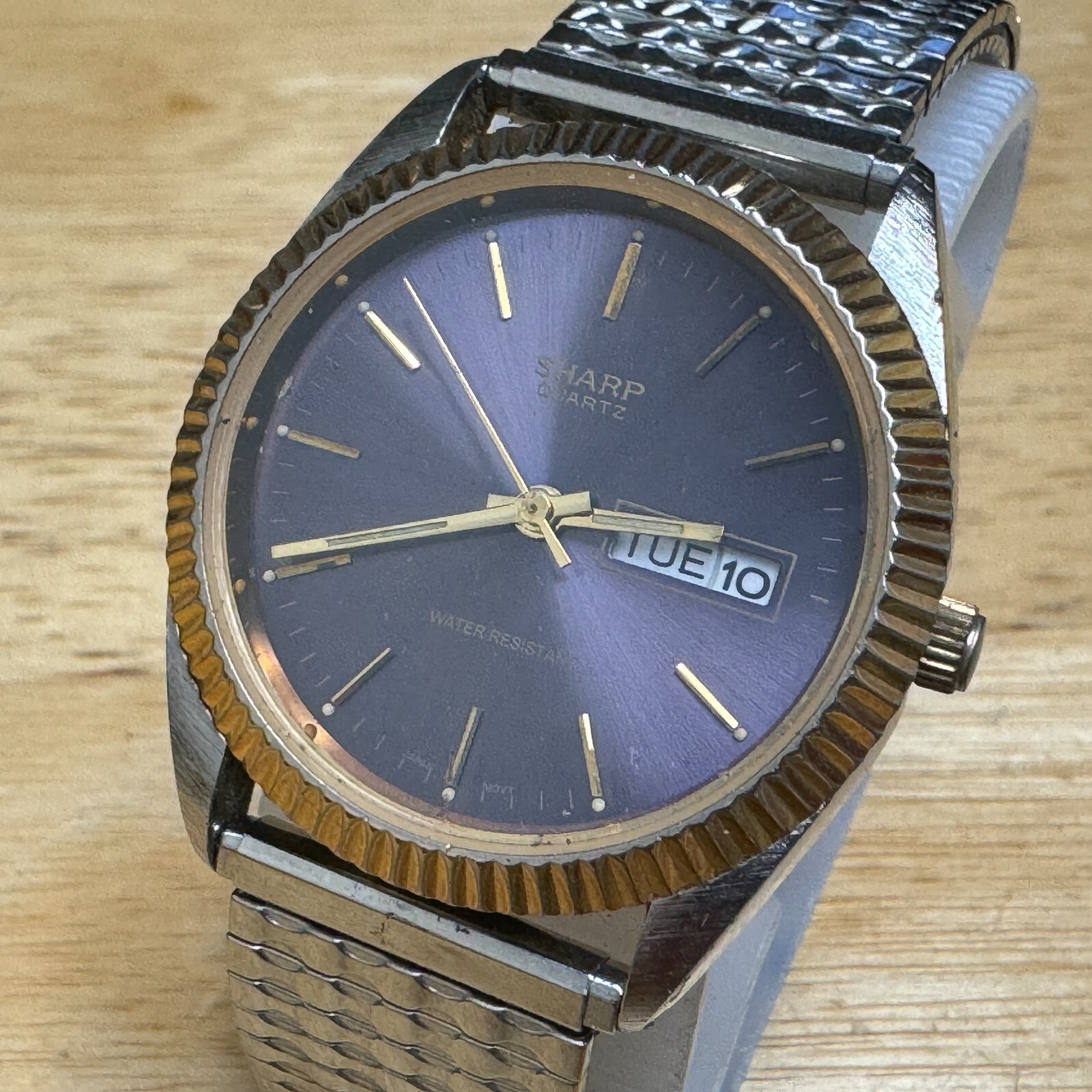 Vintage Sharp Quartz Watch Men Dual Tone Purple Fluted Bezel Stretch New Battery