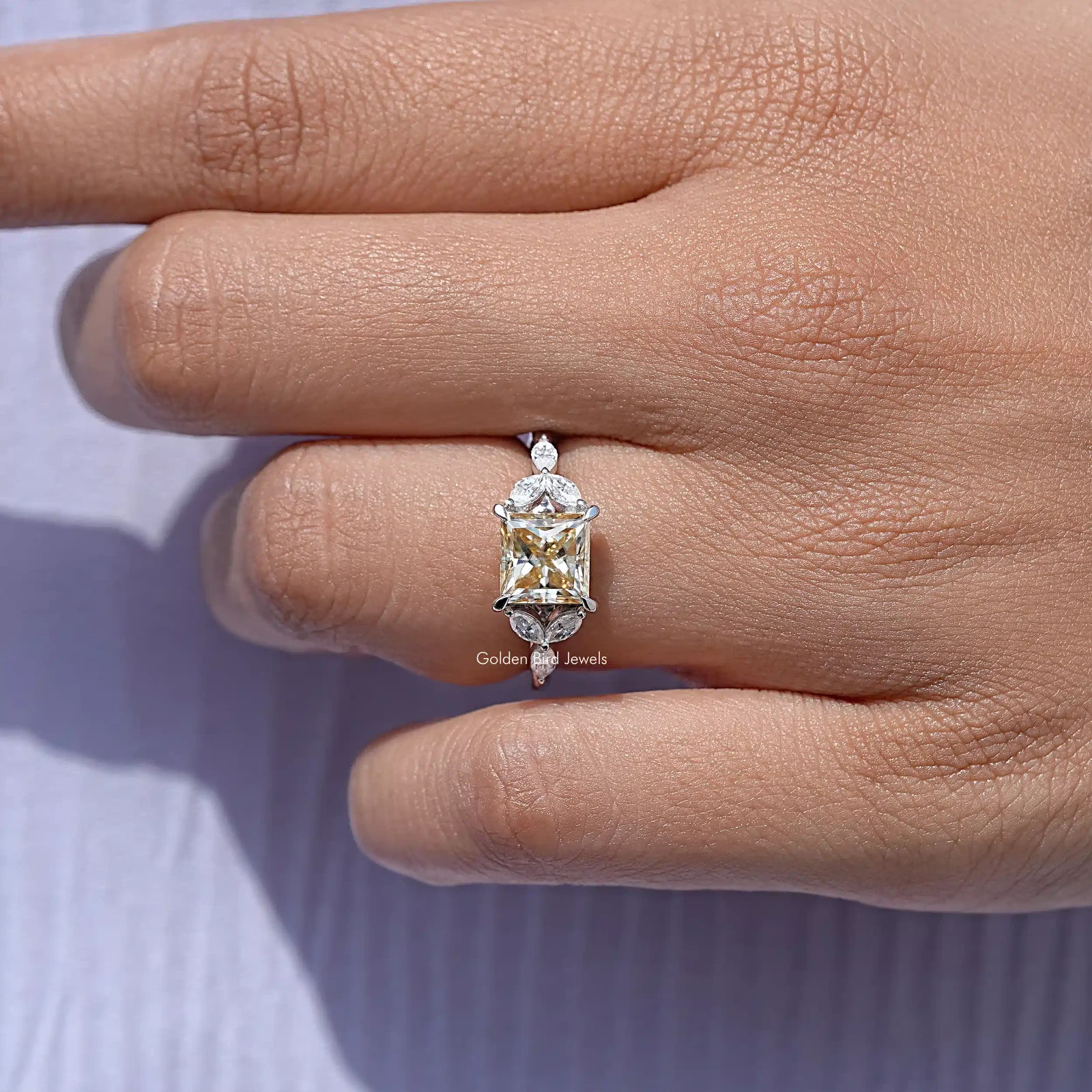 Yellow Princess Lab Diamond Leaf Accent Ring