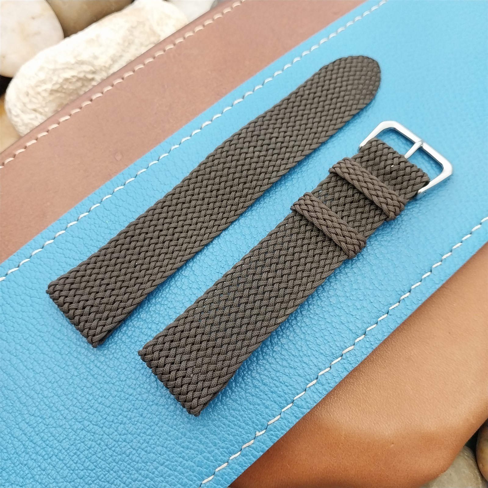 Vintage 18mm Brown Braided Perlon Classic Two-Piece Unused nos 1960s Watch Band