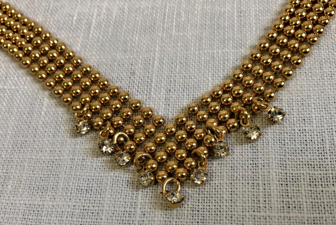 Goldtone Beaded Choker with Dangling Clear Rhinestones 9.5 in