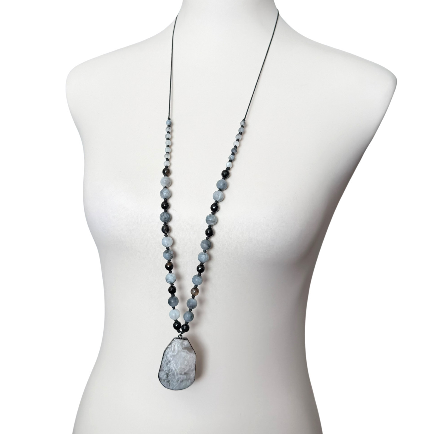 J Jill Beaded Necklace Agate Stone Pendant Gray White Black Cord Adjustable NWT