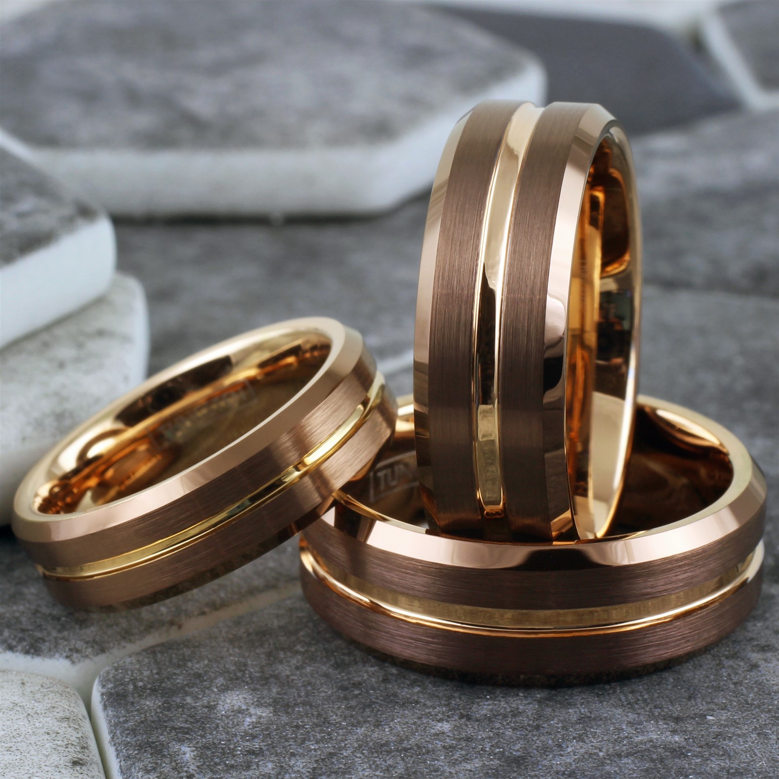 Bronze-Brown Tungsten Carbide Men’s Ring Rose Gold Plated Stripe Wedding Band