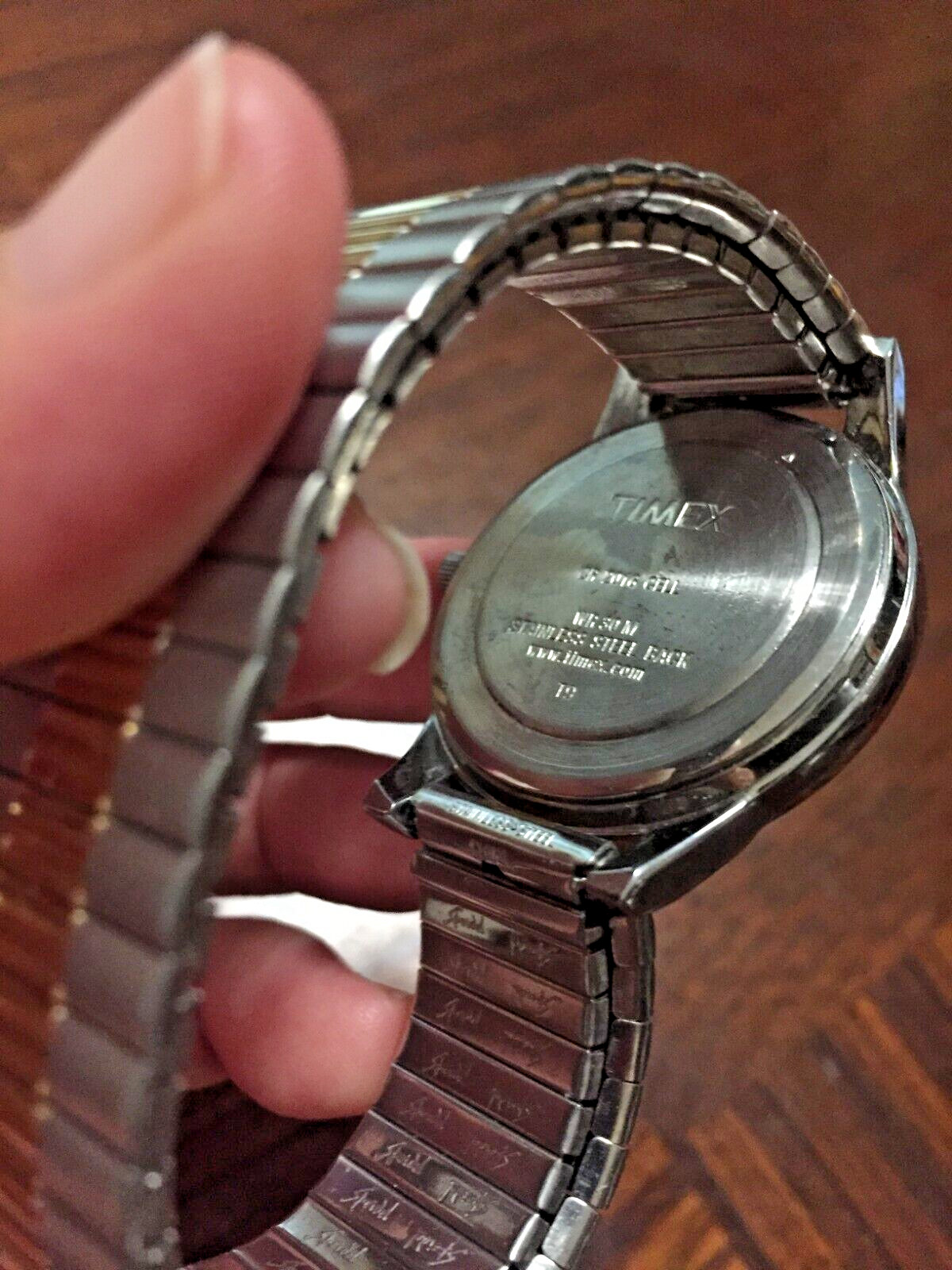 Timex Wristwatch Gold & Silver Tone Expansion Band Black Face Day Date Indicator