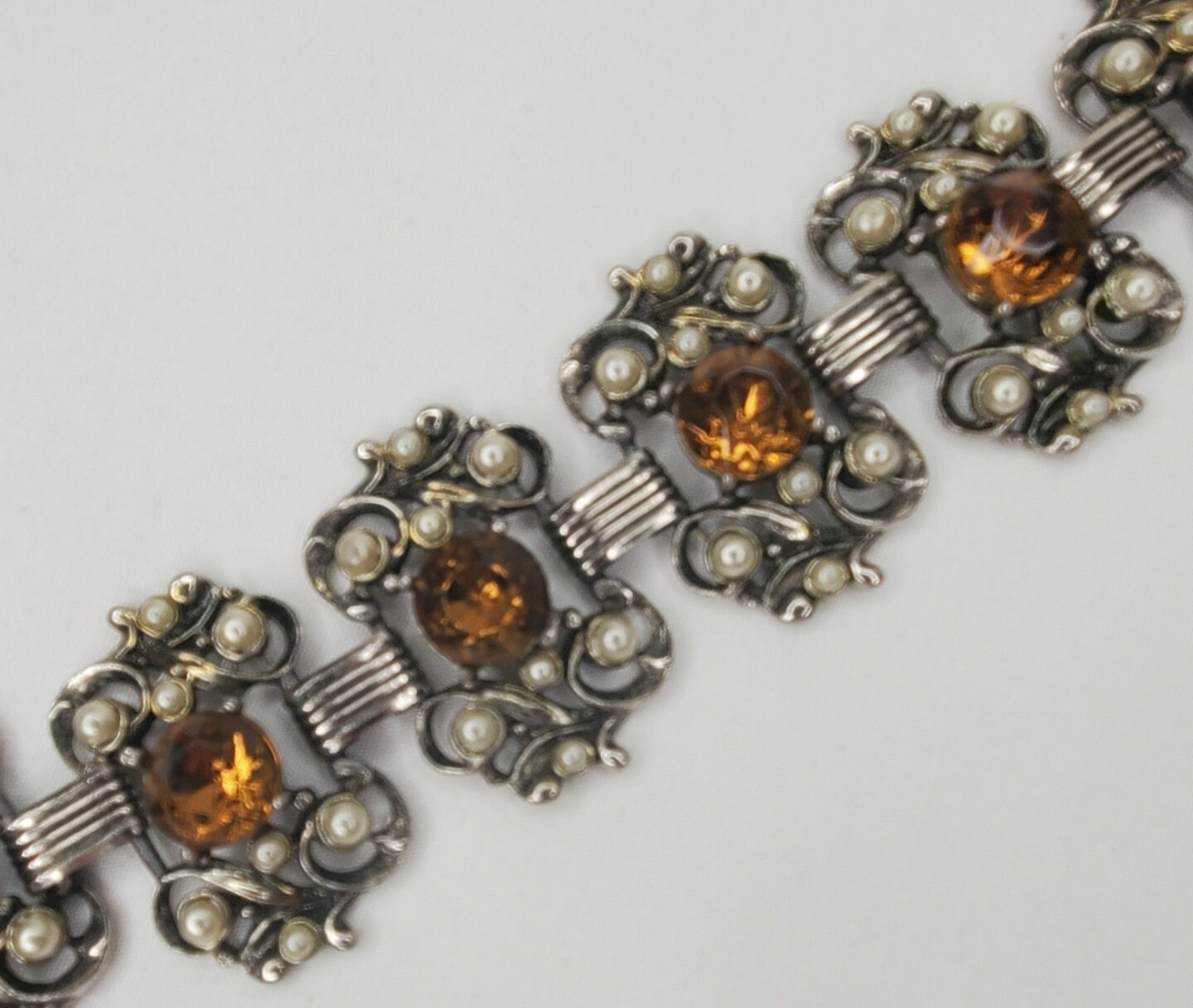 Vintage Panel Bracelet Silver Tone Faux Pearl Citrine Stones Chunky