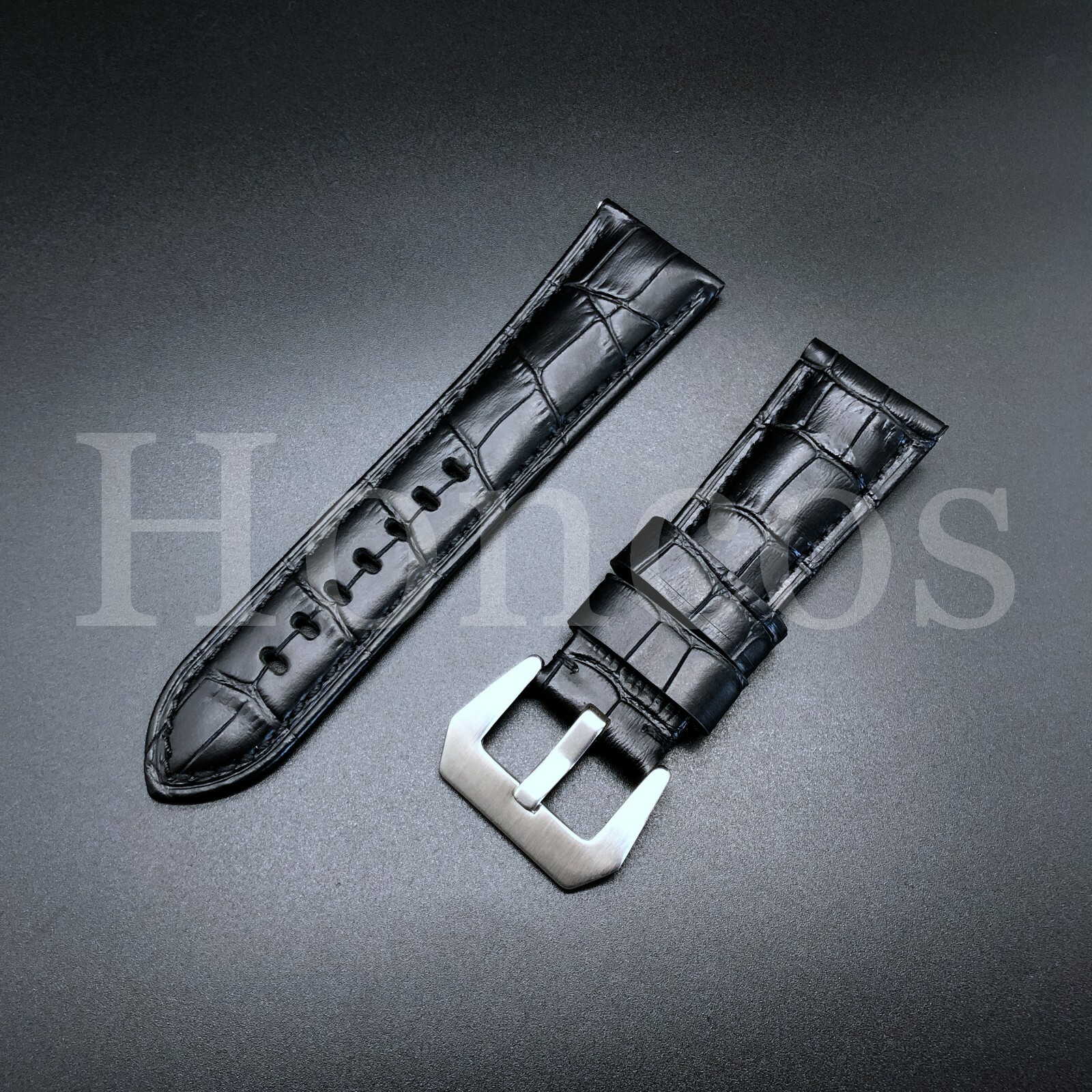 Fits For Panerai 24mm Handmade Black Croc Leather Watch Strap Band Pre-v Buckle