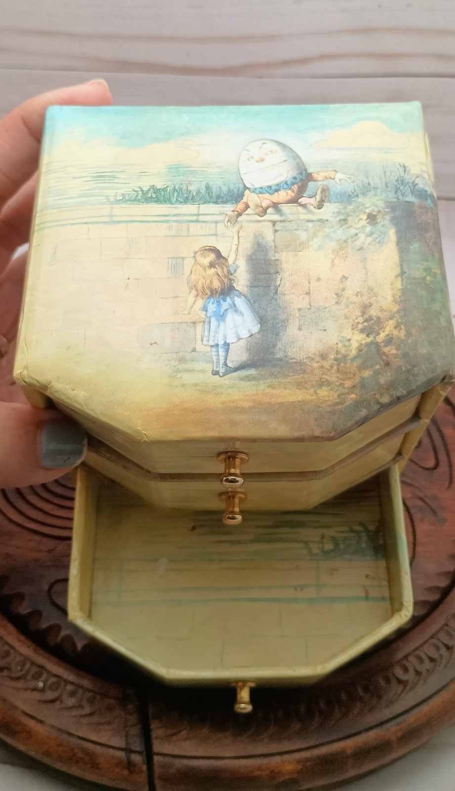 Vintage Alice In Wonderland Cardboard Drawers/Jewelry Box Rossler Papier 3.75″
