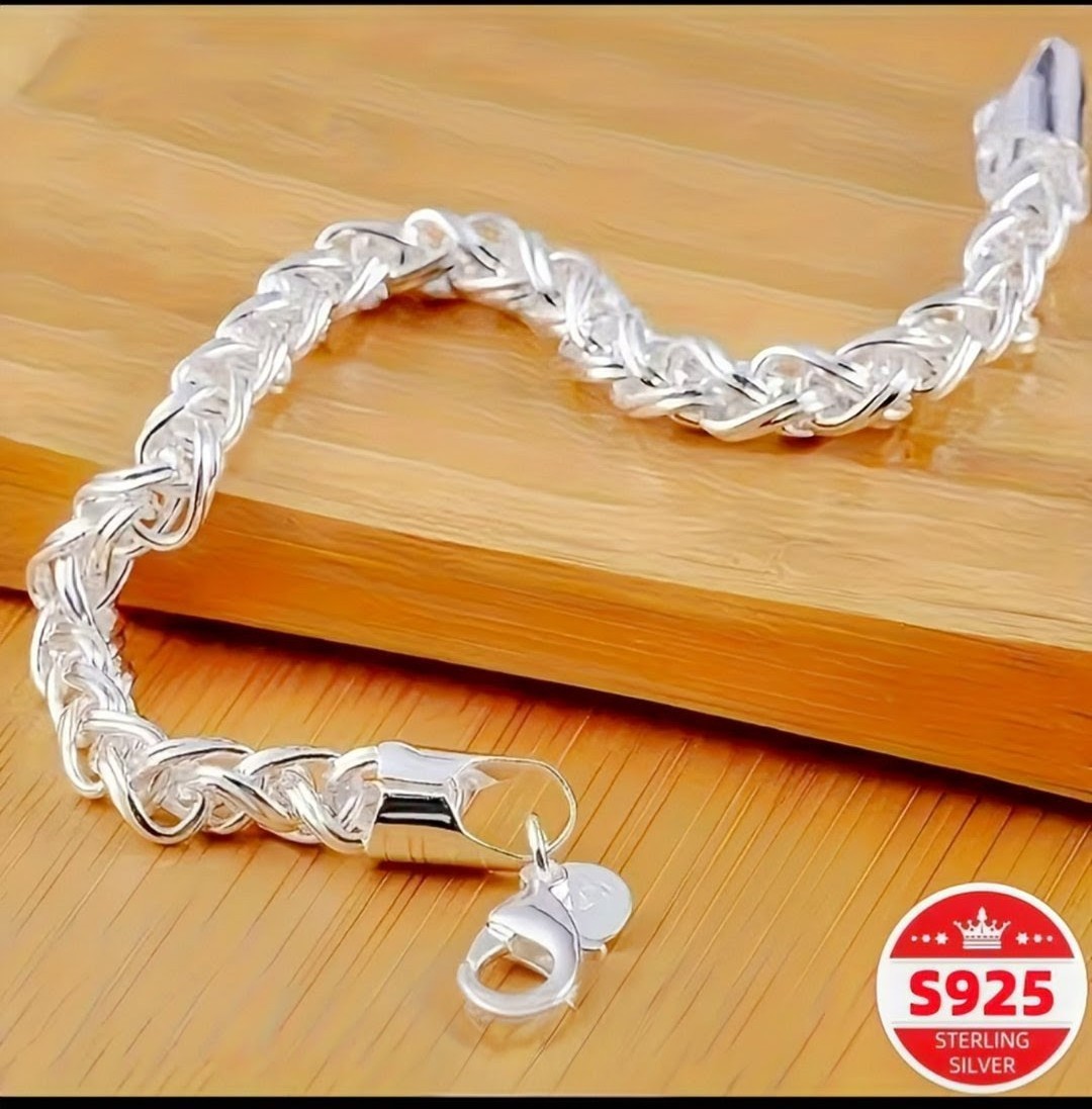 Sterling Silver 925 Braided Chain Bracelet 8in with Lobster Clasp