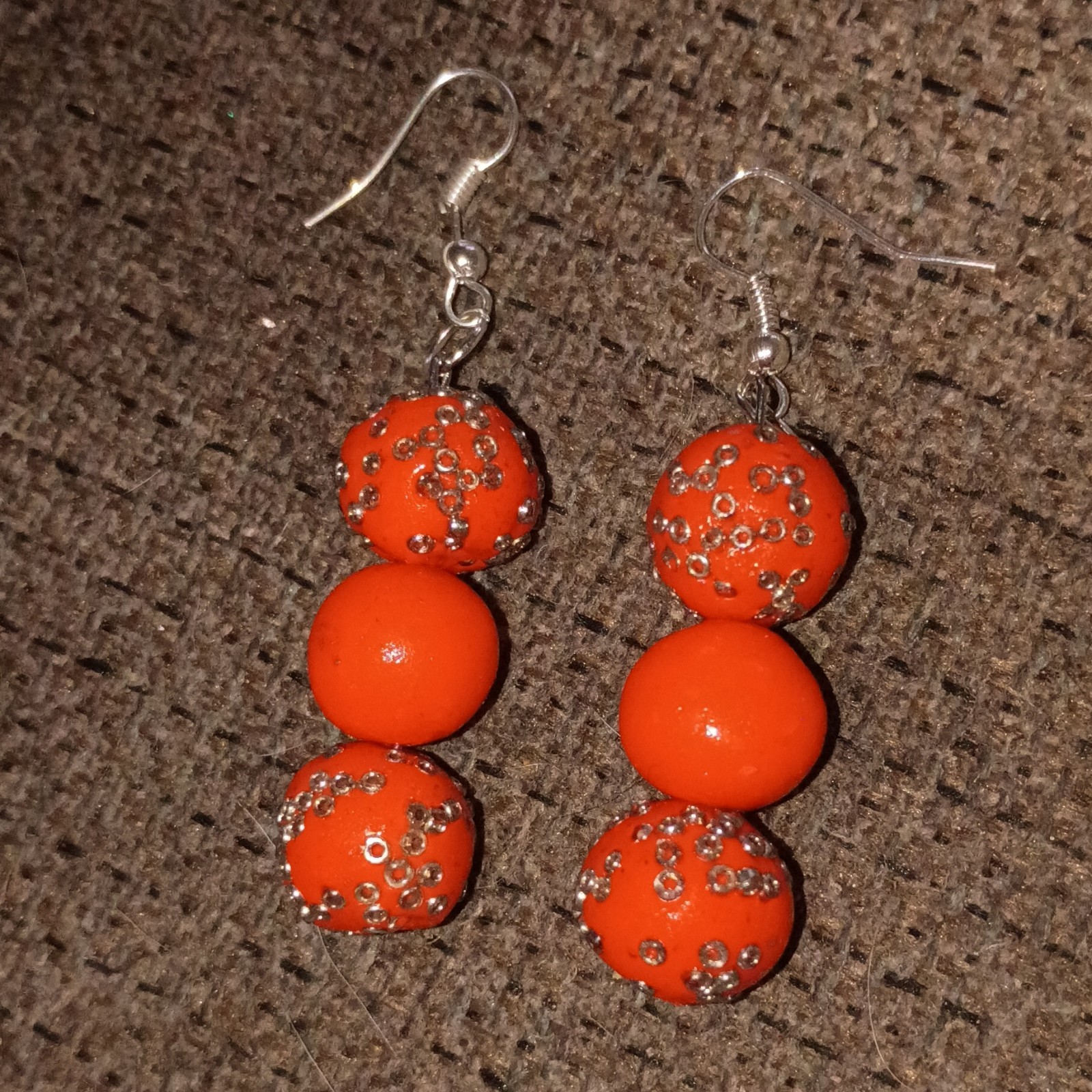 Orange & Silver Round Beaded Dangle Drop Hook Earrings for Lobe, Metal & Plastic