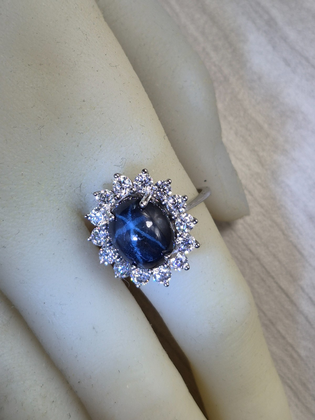 D’Joy Blue Star Sapphire (DF) + Moissanite (8.75 cttw) 925 silver ring size 9