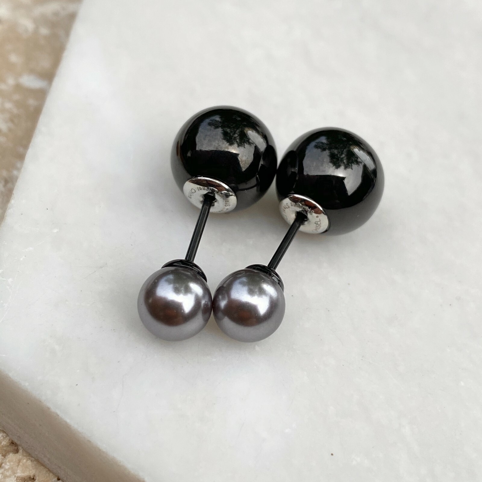 Stainless Steel Double Ended Gray Pearl + Black Ball Post Stud Earrings NEW