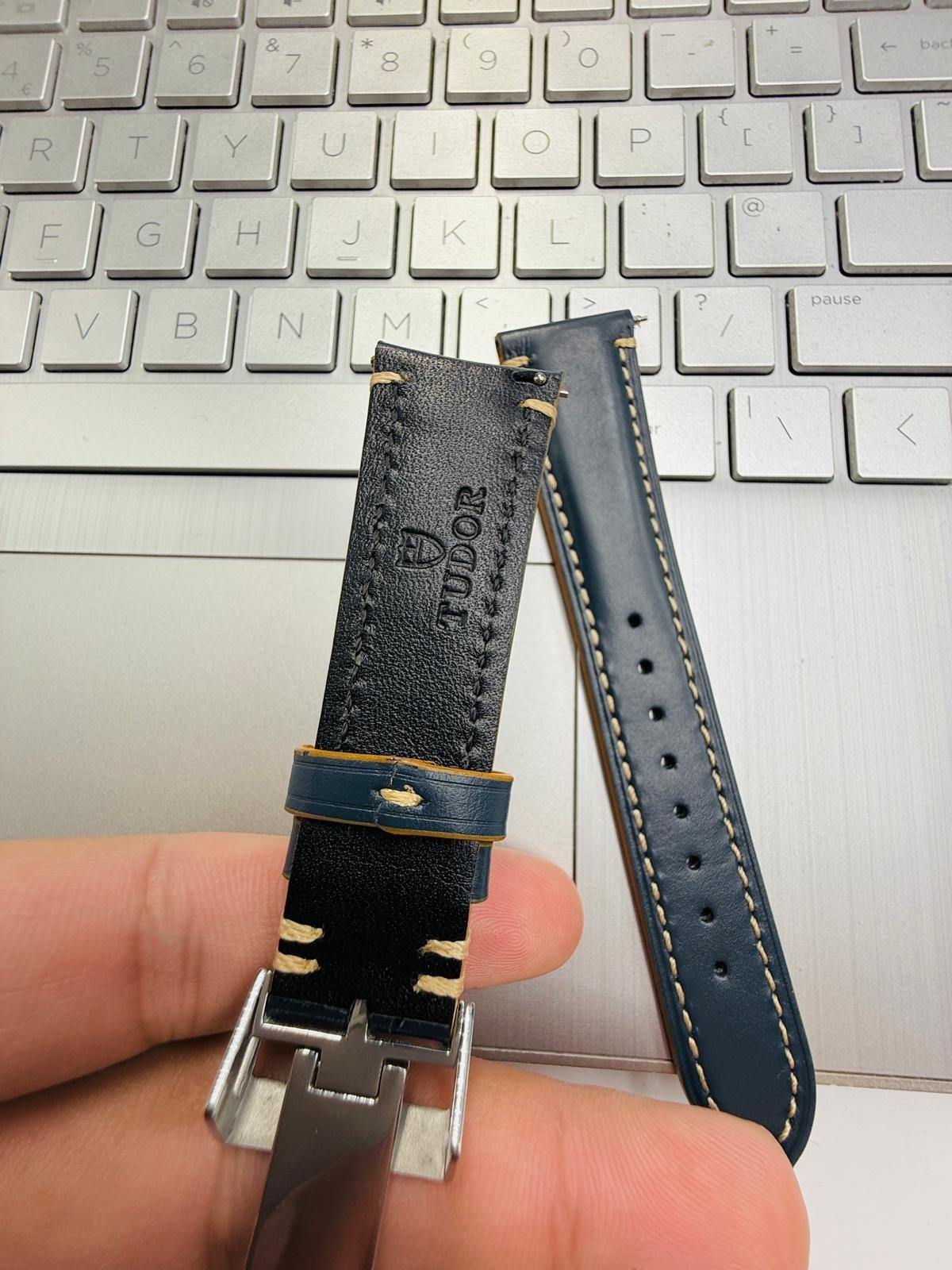 Tudor 22mm Dark Blue Leather Watch Strap With Silver Deployment Clasp Solid