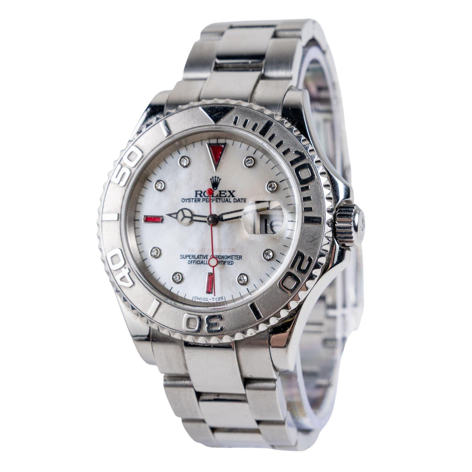 Rolex Yachtmaster 16622 40mm Platinum Bezel Ruby Gem Dial Steel Oyster Watch