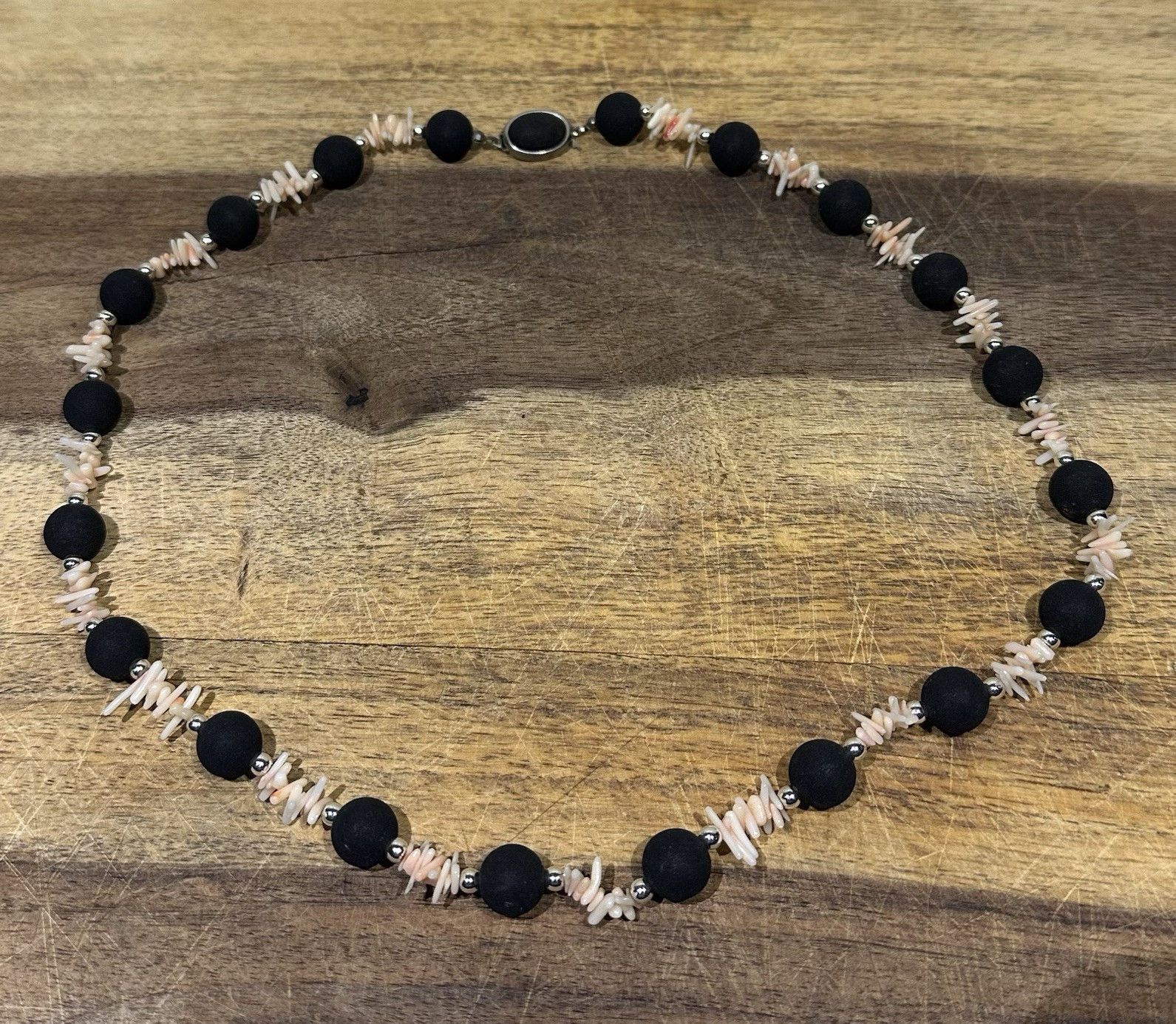 Light pink stone shell & lava rock round bead Necklace 18in Hook Clasp