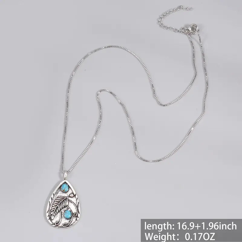 Silver Plated Water Drop Pendant Leaf Shape Pattern Pendant Necklace