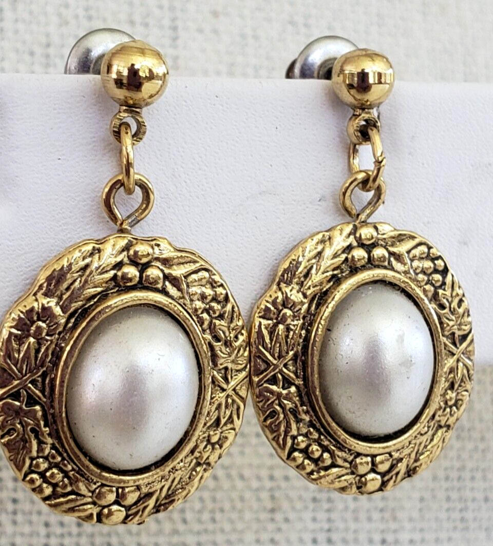 Vintage Victorian Rev Faux Pearl Gold Tone Small Dangle Pierced Earrings 1-1/8″