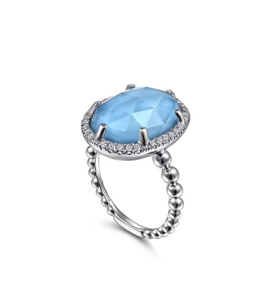 Gabriel & Co SS Oval Rock Crystal & Turquoise Signet Ring W/White Sapphire Halo