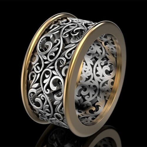 Carved Dainty Wide Antique Vintage Ring Silver plated Old Edwardian Wedding Band