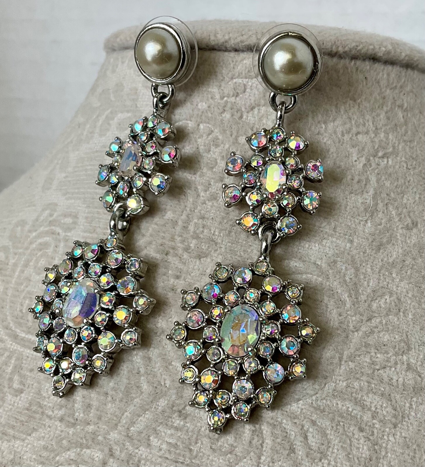 Aurora Borealis Rhinestone Drop Dangle Post Earrings Statement Snowflake Shimmer