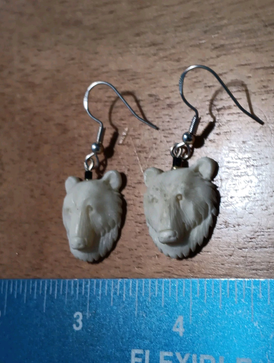 HANDMADE CARVED WATER BUFFALO BONE BEAR HEAD EARRINGS ALASKA BONEYARD COLLECTION