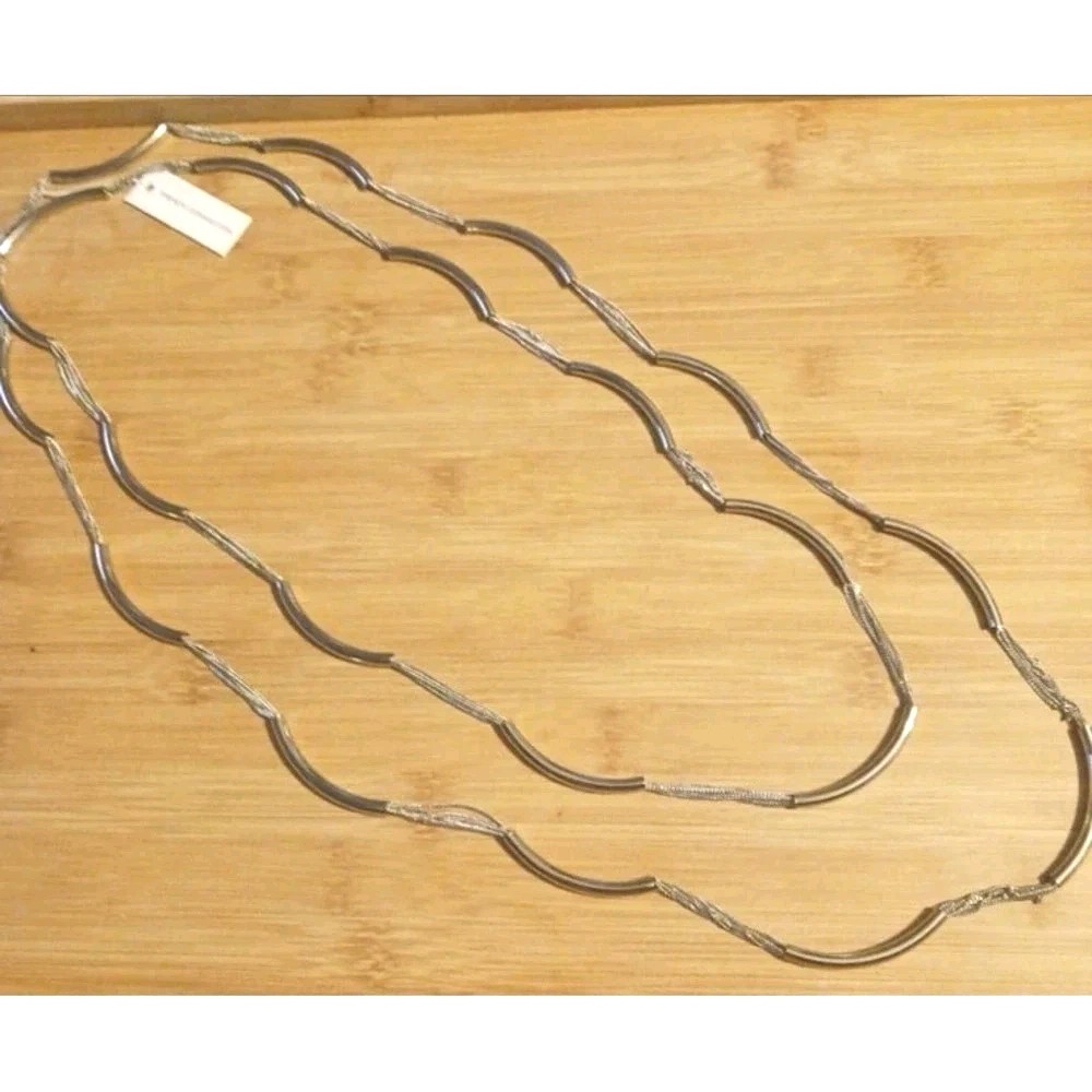 NEW French Connection Silver Curved Bar 36″ Extra Long Double Layered Necklace