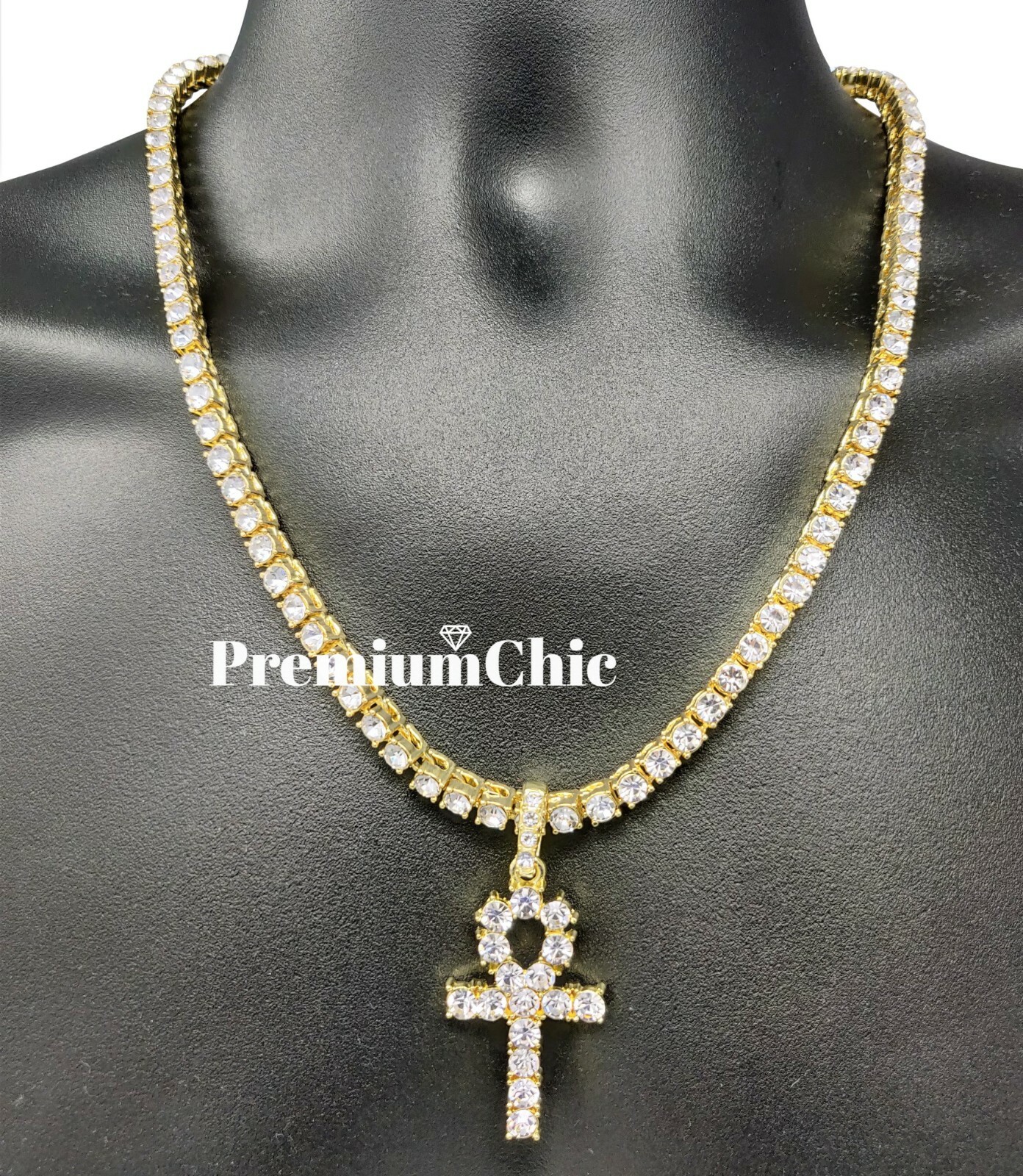 ANKH Cross Pendant ICED Tennis Chain Gold Plated Silver Rose Hip Hop CZ Necklace