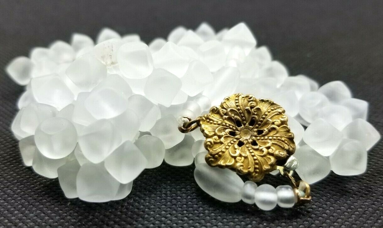 Very Fine Cold stone or Frosted Glass Bead necklace 26 in long stone size 3/8 in
