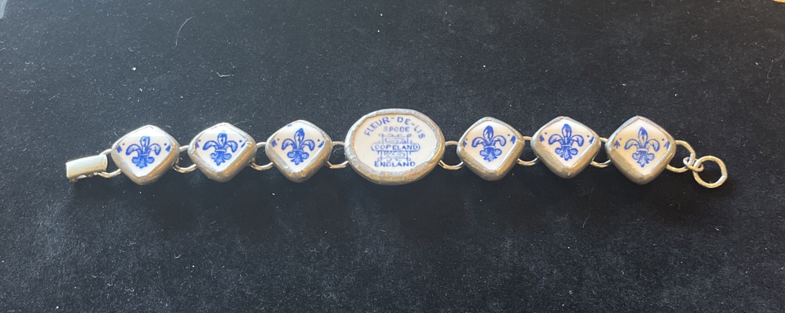 Vtg Spode Fleur De Lis Copeland Bracelet Sterling Silver Ceramic Blue White Rare
