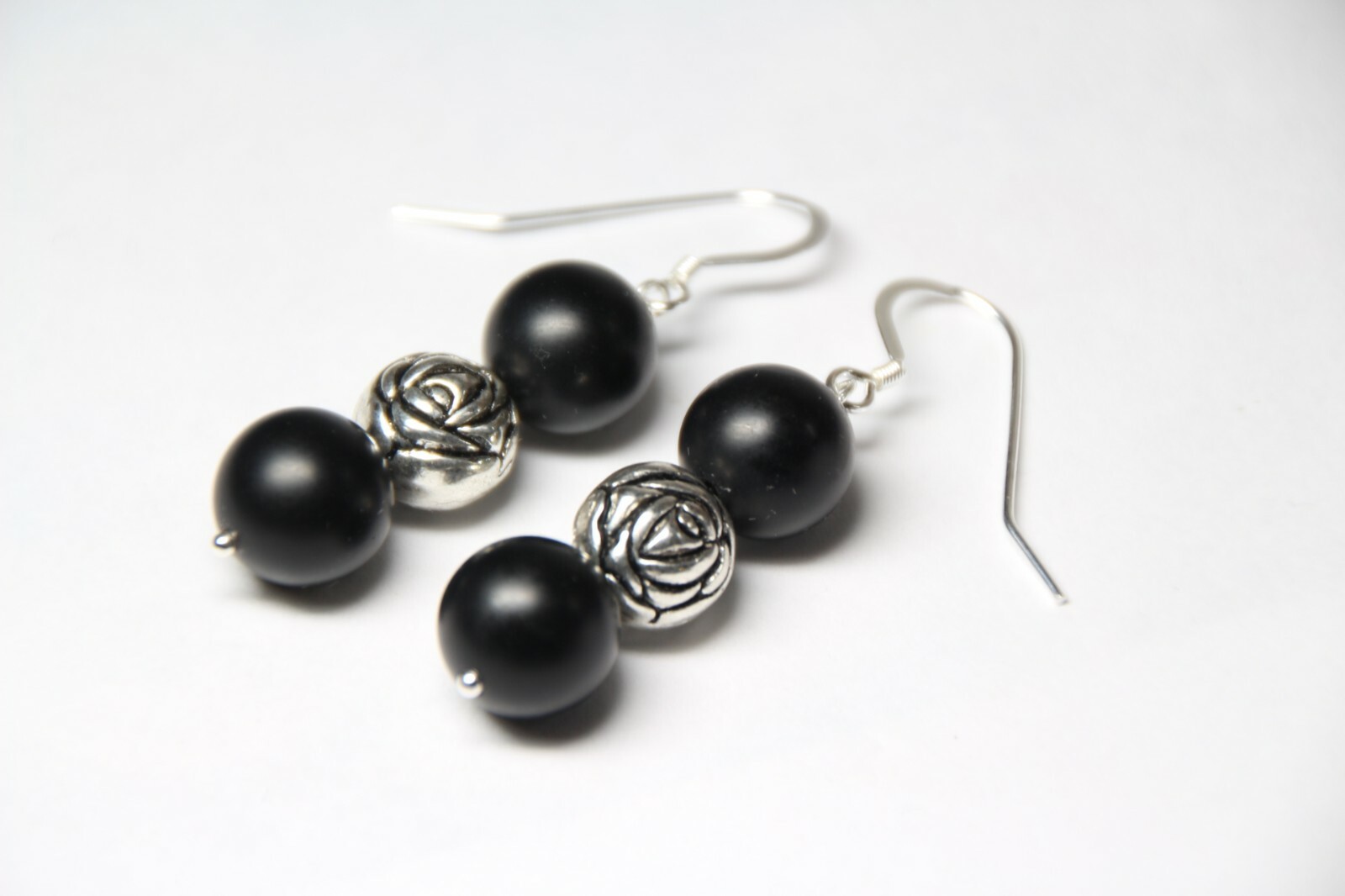Graphite Earrings Black 10mm Ball Natural Gemstone 925 Sterling Silver 2″ Rose