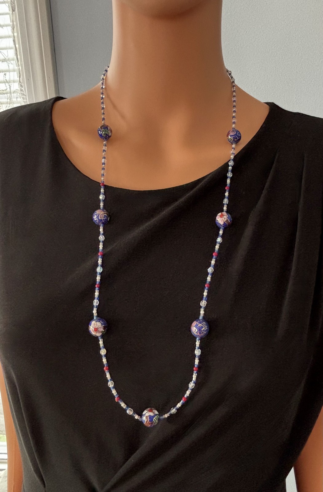 Vintage Cloisonne Beaded Long Necklace Blue Green Red Gold Unbranded 30 Inches L
