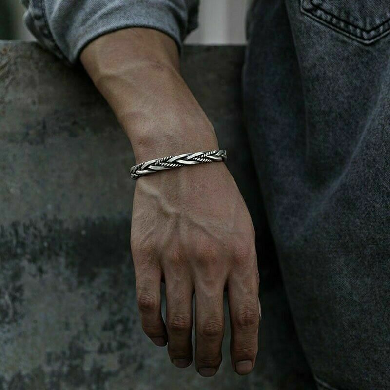925 Sterling Silver Thai Handmade Vintage Open Bangle Twisted Cuff Men Bracelet