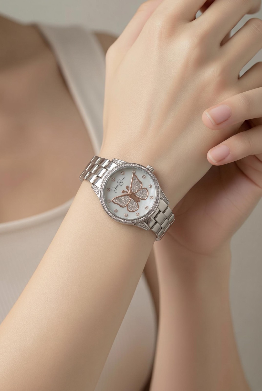 Jessica Simpson Silver-Tone Crystal Butterfly Watch with Mother of Pearl Dial
